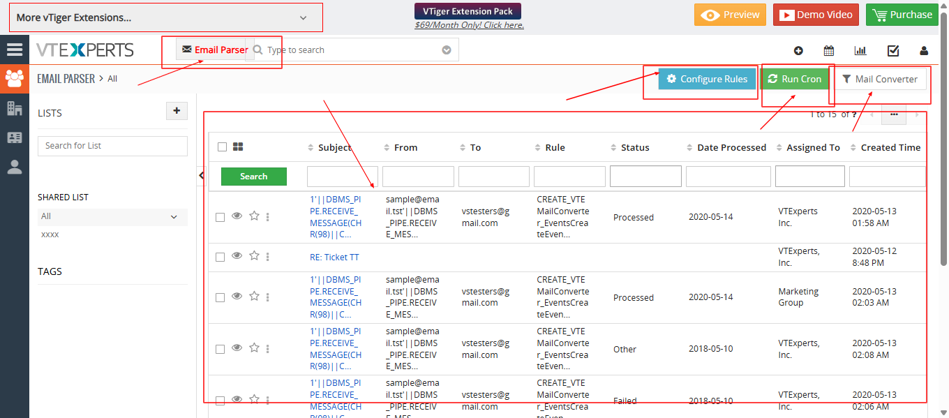 El Vtiger Email Parser es una herramienta que automatiza la extracción de información de los correos electrónicos para crear registros dentro de Vtiger CRM