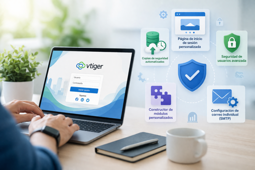 Usuario trabajando en VTiger CRM con iconos de seguridad, copias de seguridad, personalización de login y configuración SMTP alrededor de la pantalla