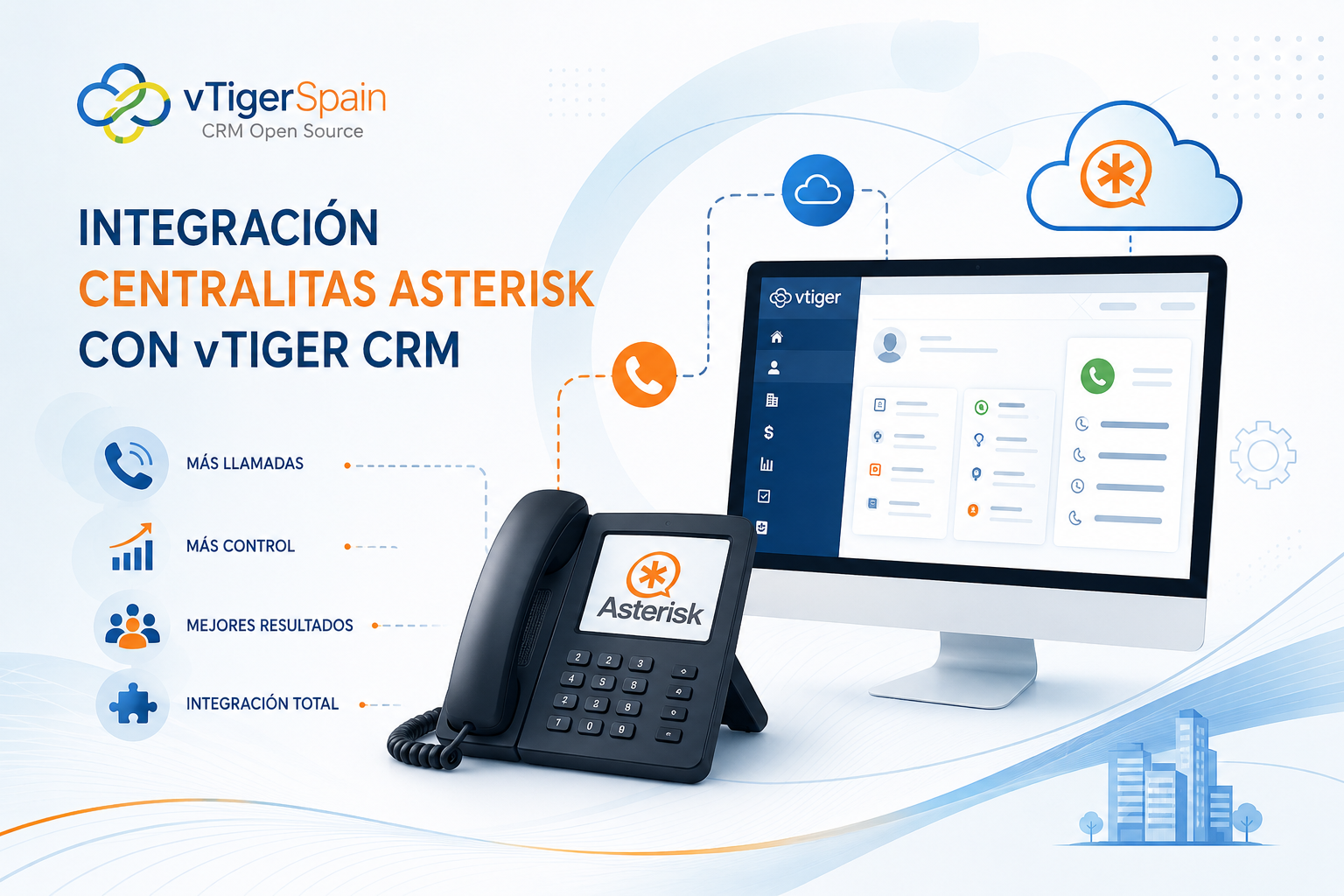 Ilustración decorativa de integración entre centralita Asterisk y vTiger CRM Open Source con interfaz CRM, teléfono IP y elementos visuales de comunicación empresarial.