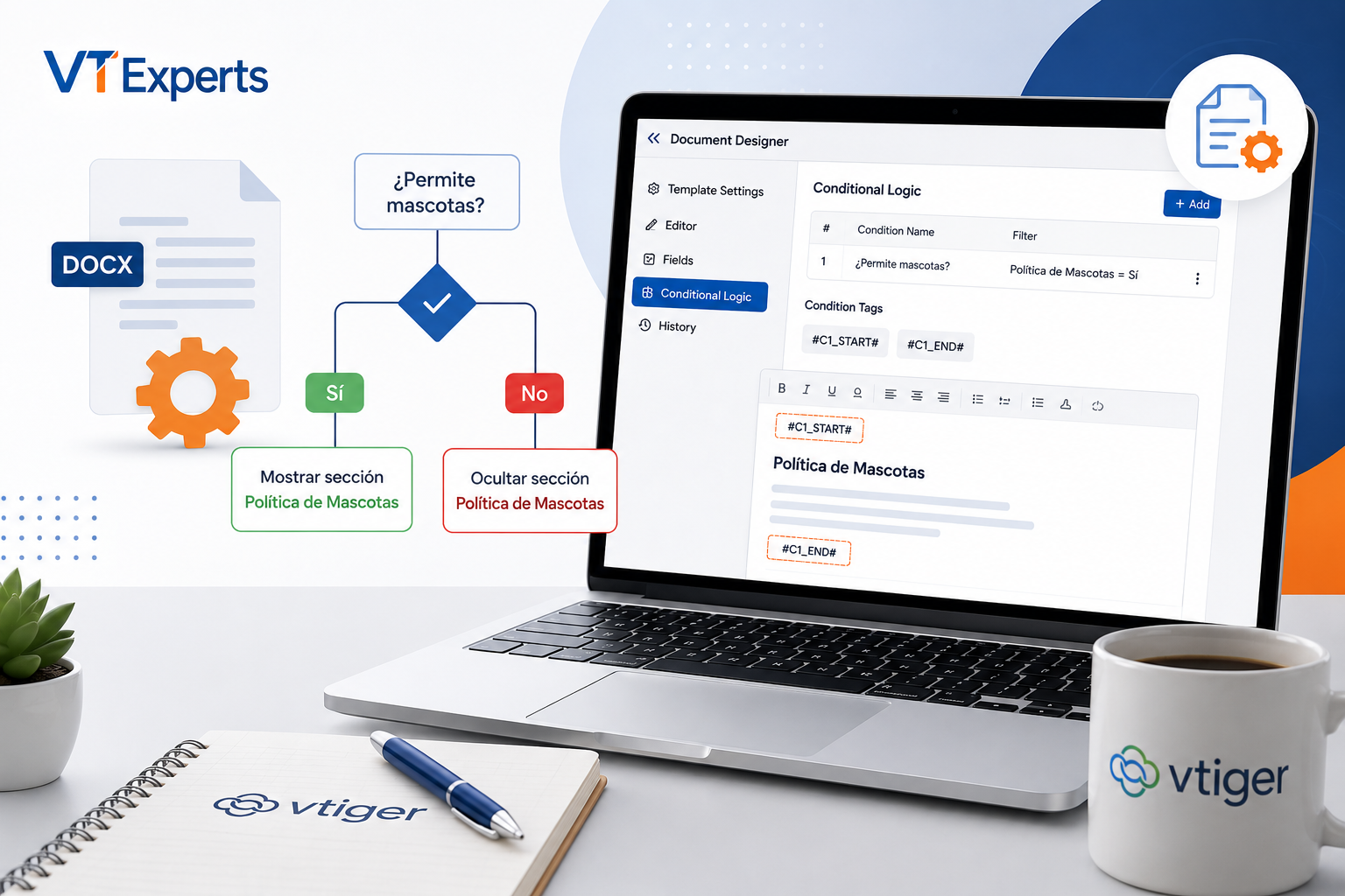 Automatización de documentos en vTiger CRM con lógica condicional del Document Designer de VTExperts mostrando reglas dinámicas y plantillas inteligentes.