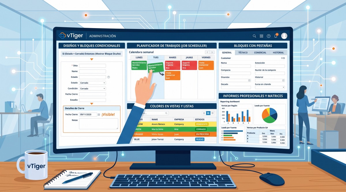 Panel de control con extensiones para vTiger CRM mostrando bloques condicionales, pestañas y planificador de tareas.