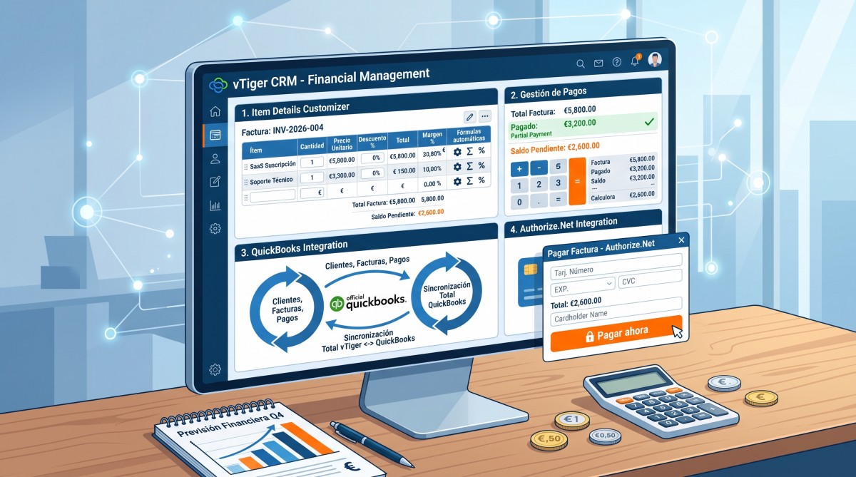 Módulos y extensiones para vTiger CRM para la gestión de facturas, registro de pagos e integración con QuickBooks.