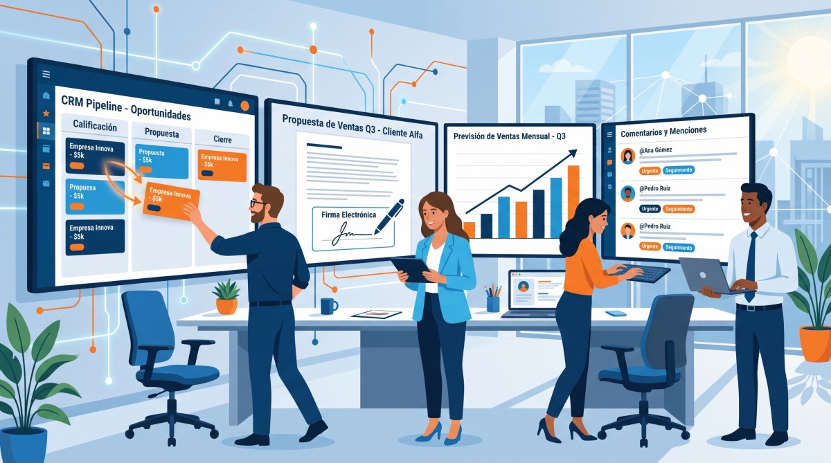 Equipo comercial utilizando extensiones para vTiger CRM con vista Kanban, firma electrónica y previsión de ventas.